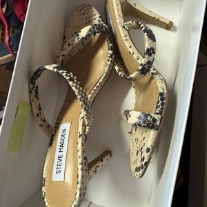 Steve Madden Snake-Print Strappy Heels in Beige and Black